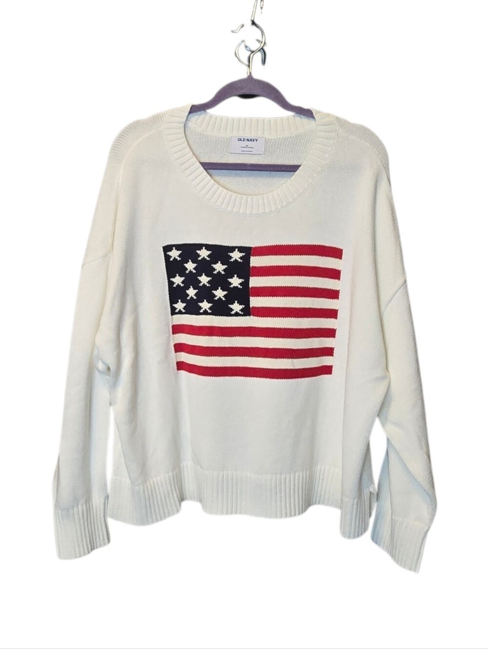 Old Navy Long Sleeve USA Flag Knit Cotton Sweater Sz 2X White
